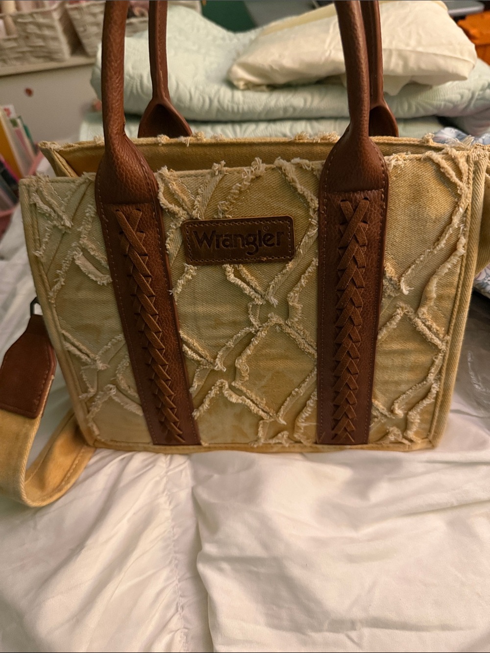 Wrangler Beige Canvas Tote with Brown Trim and Braided Handles - Picture 1 of 14